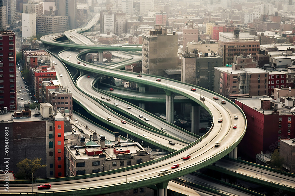 Naklejka premium City Roads with Whiplash Curves. Generative AI. A digital rendering of city roads and highways with whiplash curves in a fantasy and surrealistic setting.