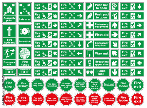 Commonly used signs in case of fire. Emergency exit and action in case of fire. photo