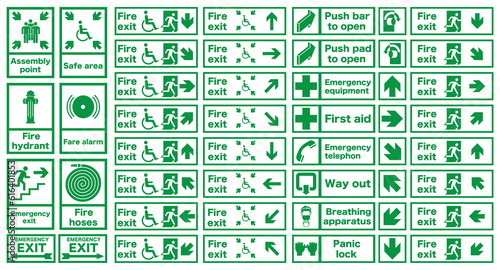 Frequently used fire signs are in green. Emergency exit and action in case of fire.
