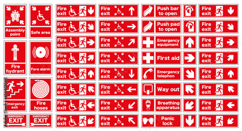 Frequently used fire signs in red. Emergency exit and action in case of fire.