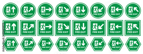 Stickers informing about the direction of the fire exit. Emergency exit and action in case of fire.