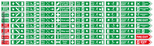 Set of emergency exit and fire exit signs, fire gathering place, emergency exit direction. Vector illustration.