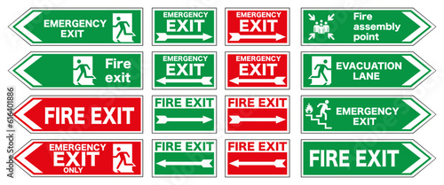 Set of emergency exit and fire exit signs, fire gathering place, emergency exit direction. Vector illustration.