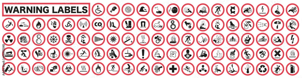 Collection of warning and safety signs. Set of safety and caution signs. Round white signs with a red border. Collection of warning and safety signs. Set of safety and caution signs. Round white signs with a red border.