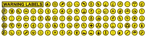 Collection of warning and safety signs. Set of safety and caution signs. Round yellow signs.
