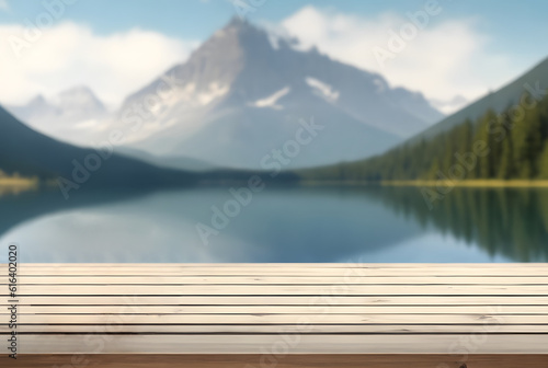 Wooden table against mountain, blurry background. AI Generated