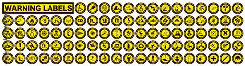 Round yellow signs with the meaning stop. Collection of warning and safety signs. Set of safety and caution signs.