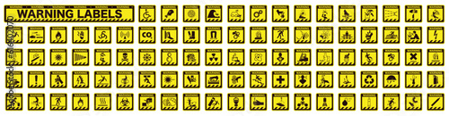Collection of warning and safety signs. Set of safety and caution signs. Square yellow signs with the designation dangerous.