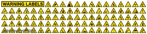 Collection of warning and safety signs. Set of safety and caution signs. Triangular yellow signs.