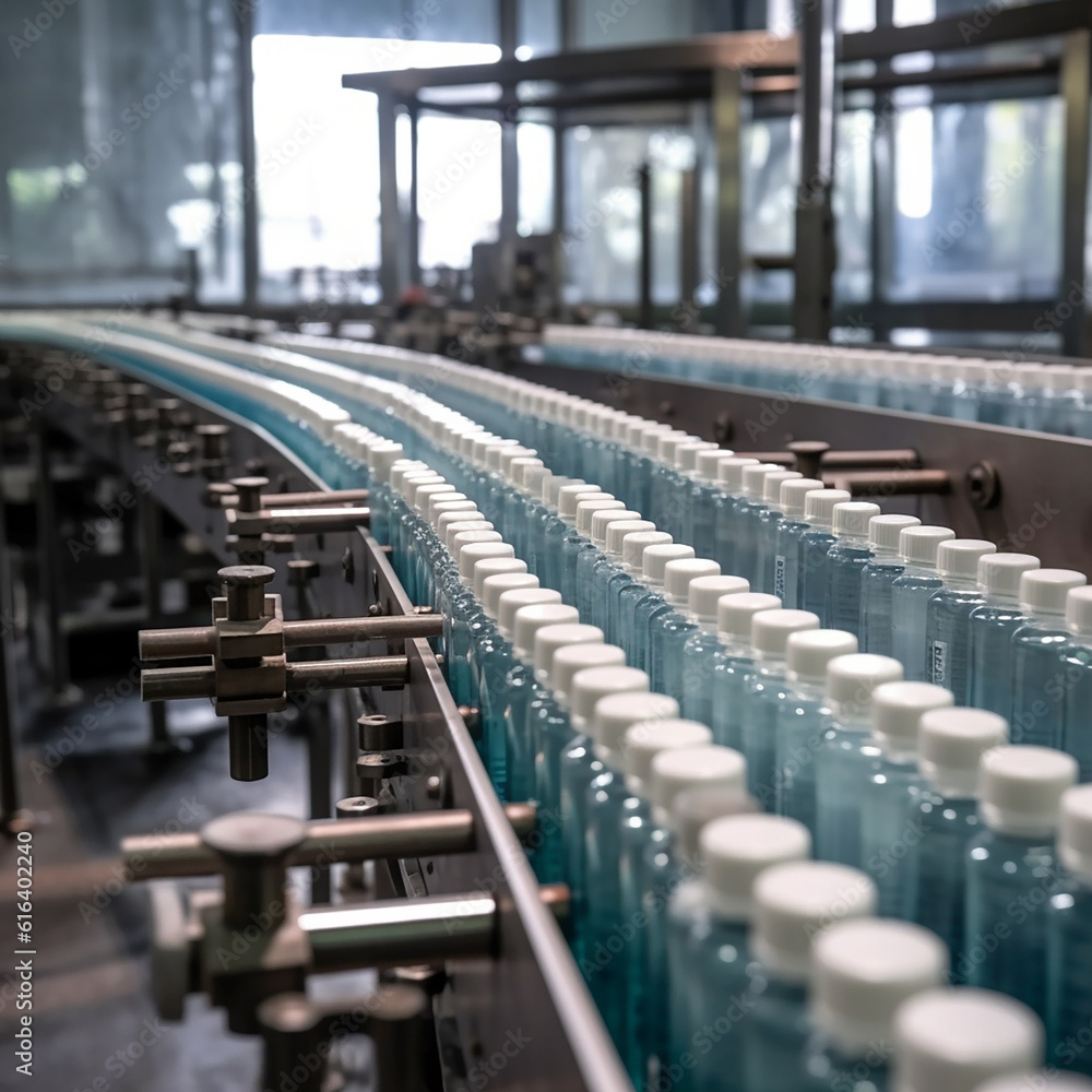 Obraz premium Pharmaceutical manufacture background with glass bottles on automatic conveyor line. AI generation..
