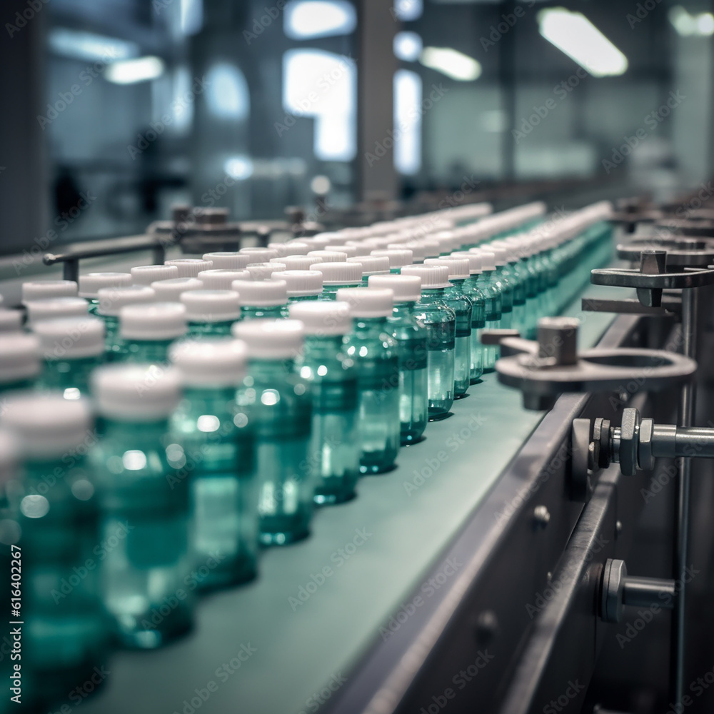 Pharmaceutical manufacture background with glass bottles on automatic conveyor line. AI generation..