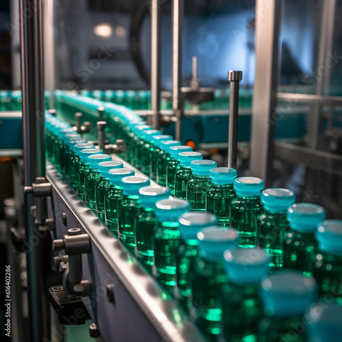 Pharmaceutical manufacture background with glass bottles on automatic conveyor line. AI generation..