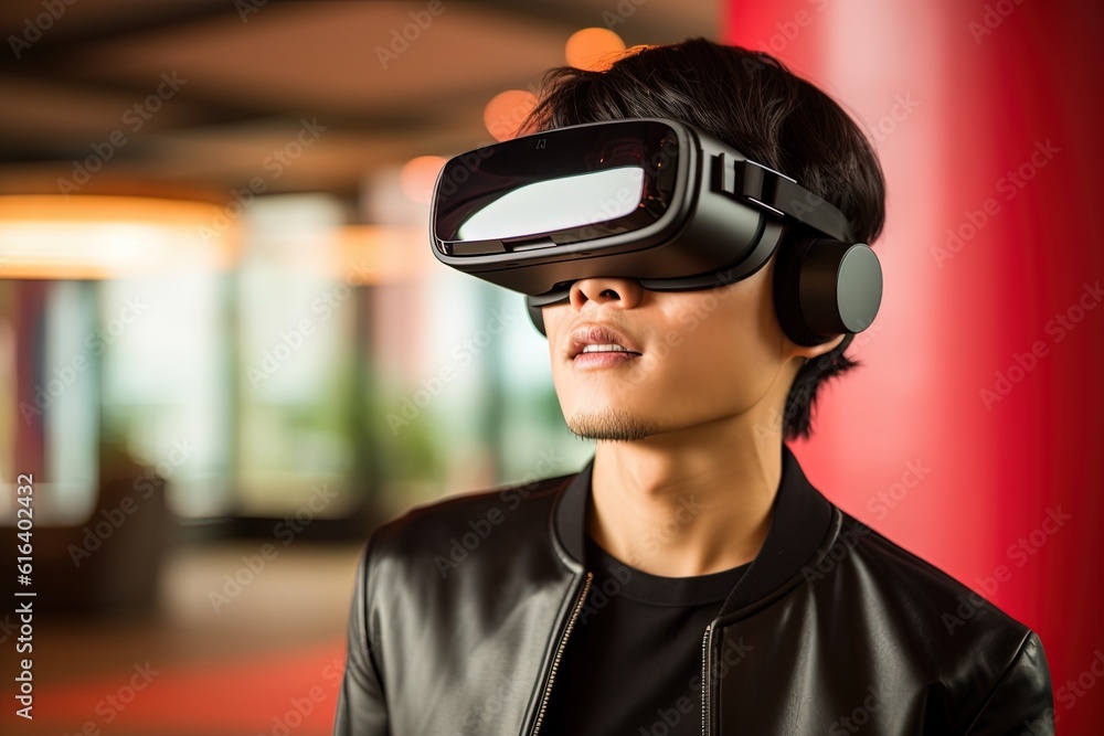 Portrait of a futuristic young man wearing virtual reality glasses.Generative Ai Portrait of a futuristic young man wearing virtual reality glasses.Generative Ai