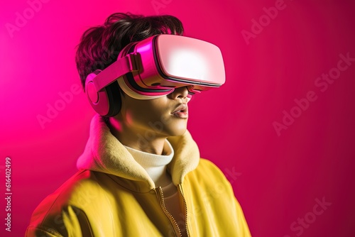 Portrait of a futuristic young man wearing virtual reality glasses.Generative Ai © Rudsaphon