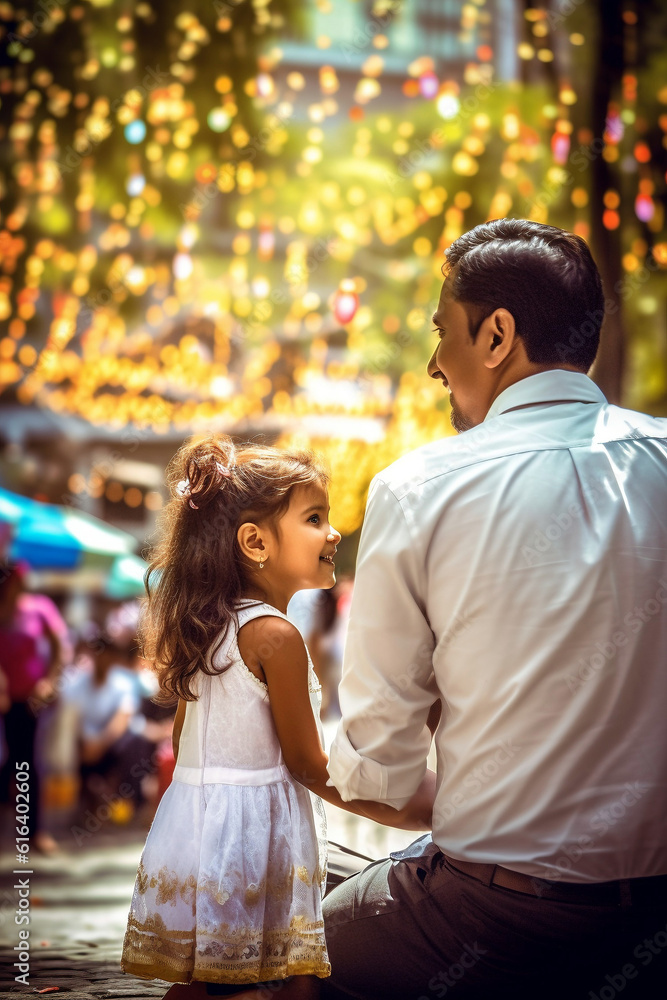 A father with his daughter in a decorated park. Father day concept, generative ai A father with his daughter in a decorated park. Father day concept, generative ai