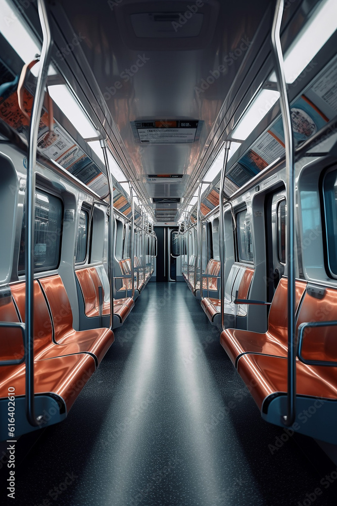 Interior of modern subway train, generative ai