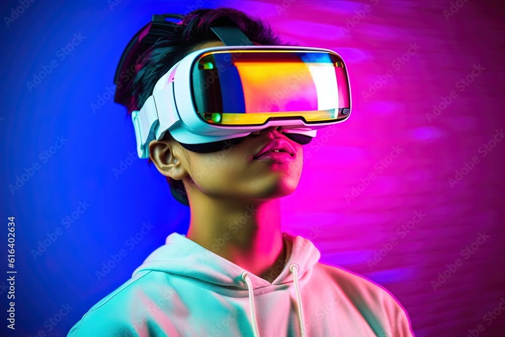 Portrait of a futuristic young man wearing virtual reality glasses.Generative Ai Portrait of a futuristic young man wearing virtual reality glasses.Generative Ai