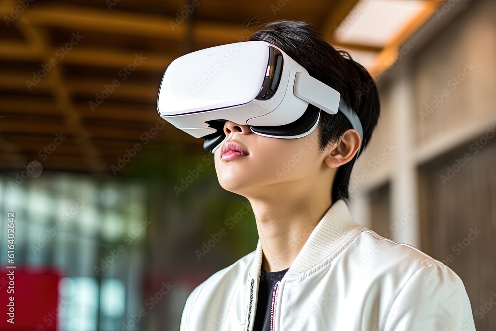 Portrait of a futuristic young man wearing virtual reality glasses.Generative Ai Portrait of a futuristic young man wearing virtual reality glasses.Generative Ai