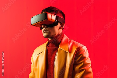 Portrait of a futuristic young man wearing virtual reality glasses.Generative Ai © Rudsaphon