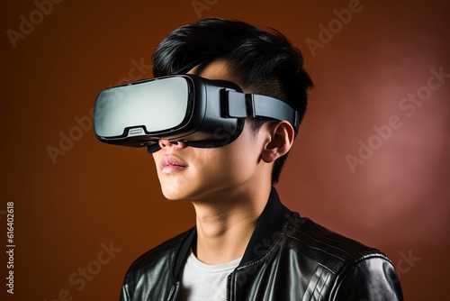 Portrait of a futuristic young man wearing virtual reality glasses.Generative Ai