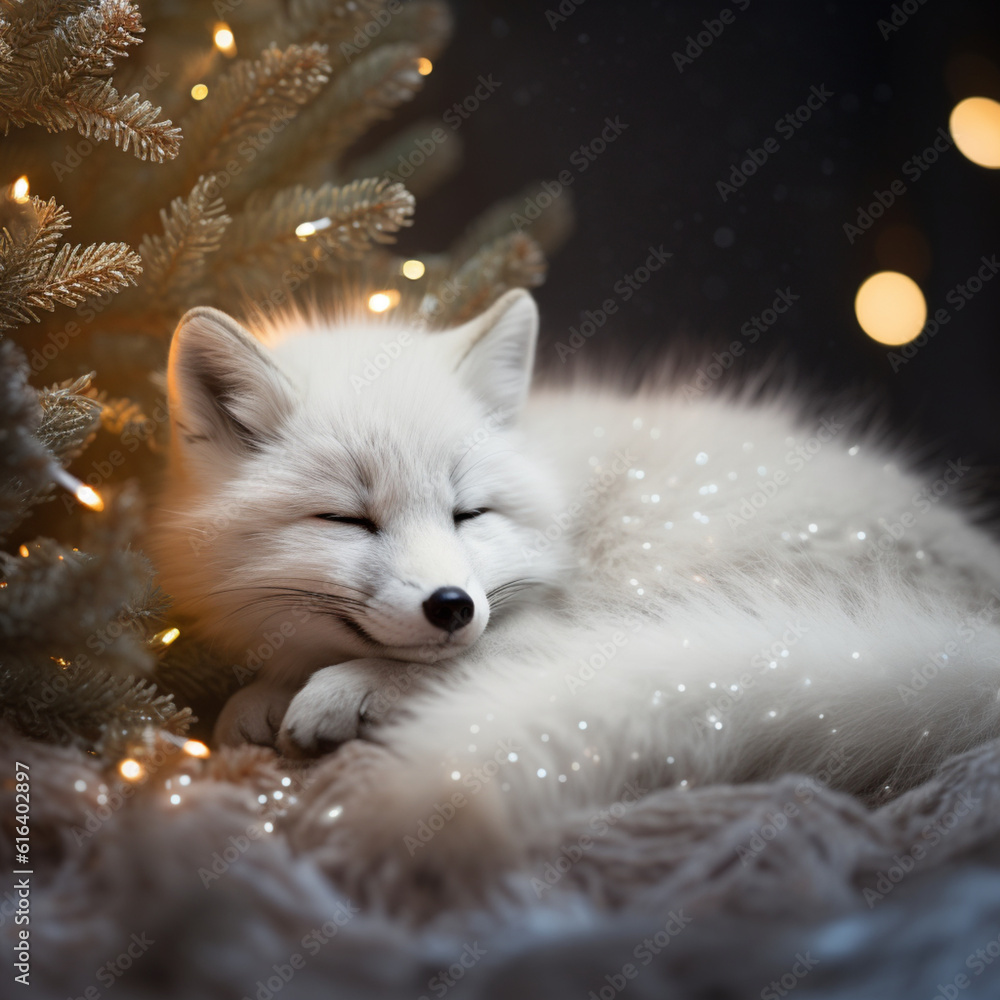 Arctic fox sleeping in forest