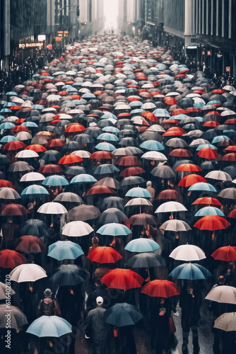 Realistic photography, crowd of peples with umbrellas in rainy day, generative ai