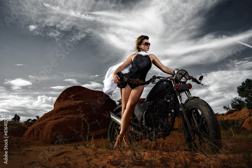  Steampunk Woman in top hat on Her Motorcycle © Oleg