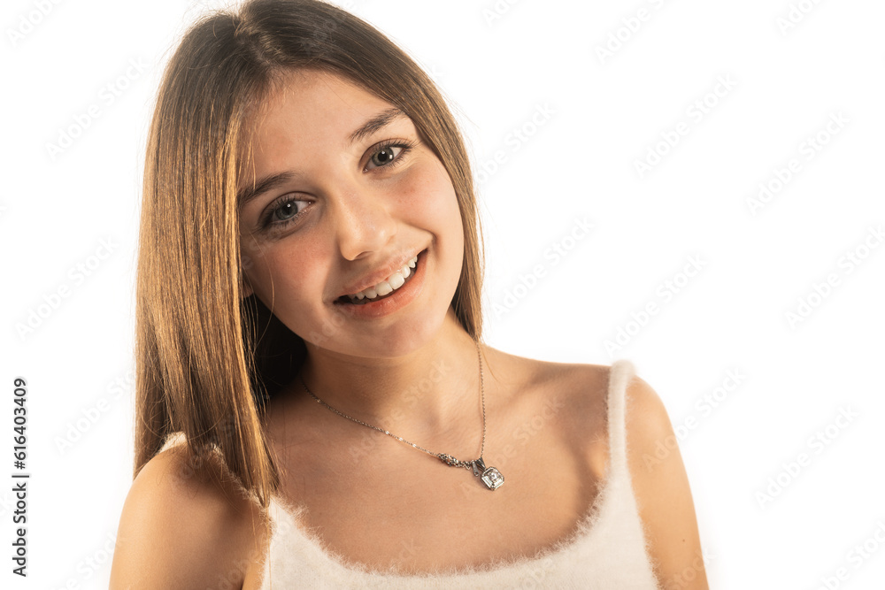 Beautiful smiley girl wearing necklace isolated on white background