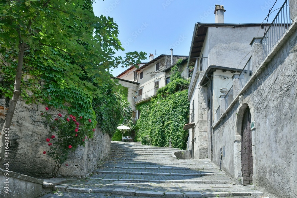 An old street in Tagliacozzo, a medieval town in the Abruzzo region, Italy.	