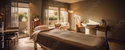 Towels, flowers on a massage table in a modern spa salon. A place to relax © maretaarining