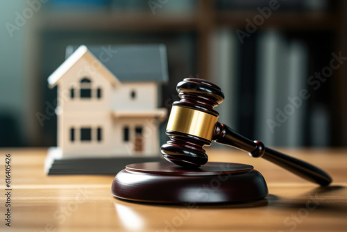 House Model With Gavel On Wooden Table