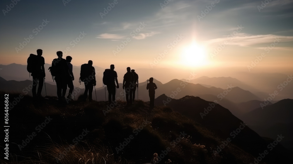 Silhouette of Business People and hikers Celebrating At Sunset