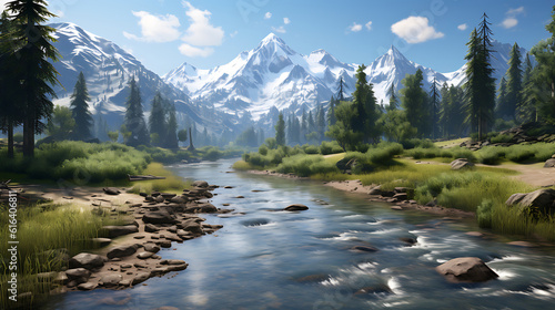 Mountain river in the forest. Nature landscape background AI Generative