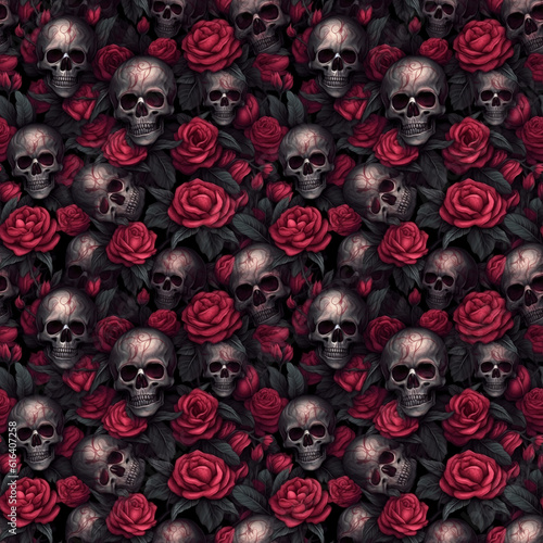 3d skull and red roses seamless pattern