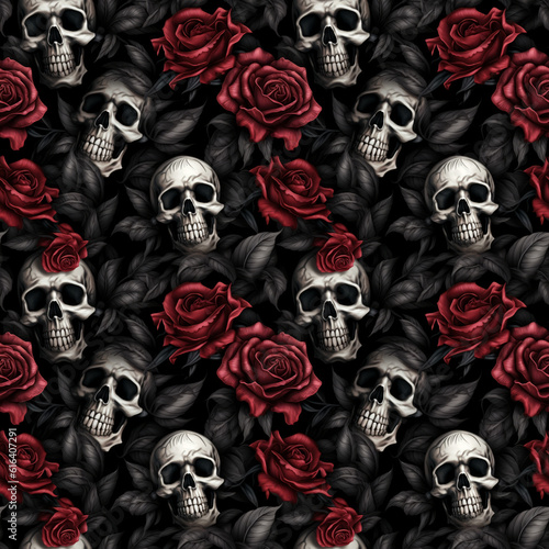 3d skull and red roses seamless pattern