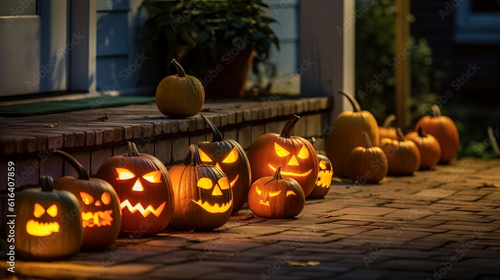 Obraz premium Halloween pumpkin with an evil carved muzzle in a festive interior, Witch's Night or All Saints' Eve. Vegetable jack lantern decoration. Hand crafted from food, carving for the holiday. Generative AI