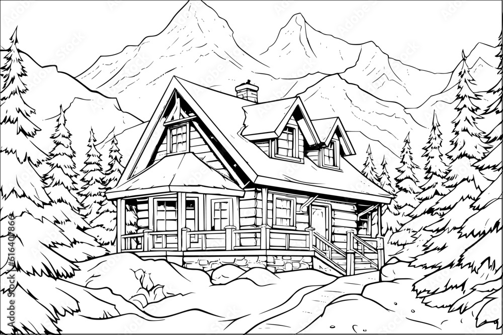 Coloring page for adult and kids. Sketch of Wooden cabin in pine forest ...