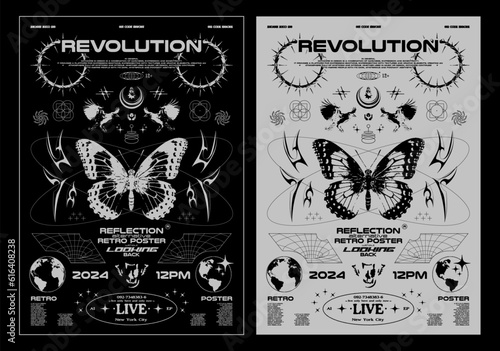 Neo tribal grunge poster with butterfly. Gothic elements for design, print for t-shirt, hoodie and sweatshirt. Isolated on black and white background