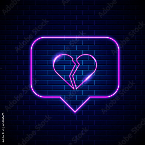 Neon Gradient Glowing broken Heart in Spech Bubble Banner on Dark Empty Grunge Brick Background. stock illustration
