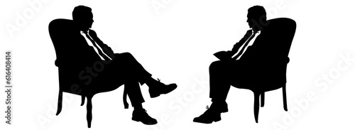 Silhouettes of two men leading conversations sitting in classic armchairs. Illustrator 