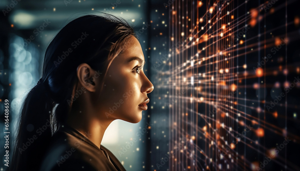 Beautiful girl looking at wave of big data. AI generative Beautiful girl looking at wave of big data. AI generative