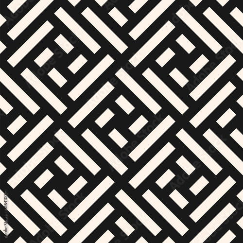 Abstract geometric seamless pattern. Stylish ornament with lines, squares, diagonal grid, repeat tiles. Simple black and white geo texture. Modern geometric background. Design for decor, print, carpet