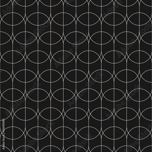 Subtle vector geometric linear pattern. Art deco style background with thin curved lines, grid, lattice. Elegant black and white abstract texture. Simple minimal dark design for decor, wallpaper, wrap