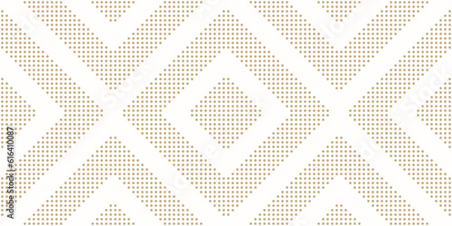 Gold and white vector geometric seamless pattern with lines, stripes, squares made for small dots. Luxury abstract graphic texture. Simple minimal dotted background. Modern repeat spotted geo design