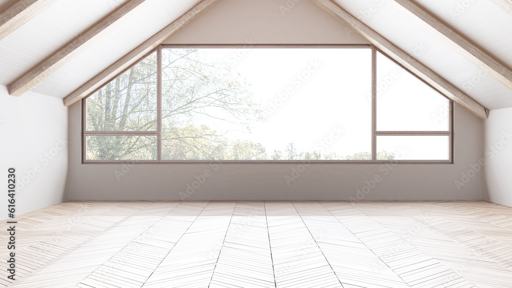 Fototapeta premium Empty room interior design, open space with parquet floor, bleached wooden sloping ceiling and panoramic window, white walls, modern japandi architecture concept idea