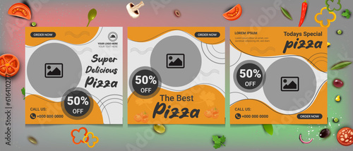 Special discount offer price of pizza banner template design for food post 2023 on social media. Suitable for restaurant and culinary digital Promotion. Red and Yellow background color shape vector.