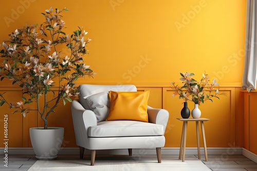 Mockup of a white chair is sitting in front of a yellow wall, in the style of lush colors, retro style. 60s, 1960s, mid-century. Generative AI photo