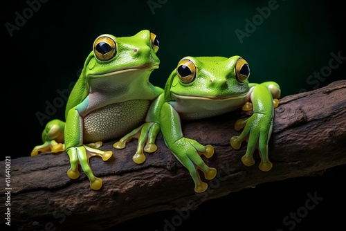 Green frog close up on wood