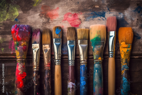 Row of artist paintbrushes closeup on artistic wooden background. Brushes with colorful paints 
