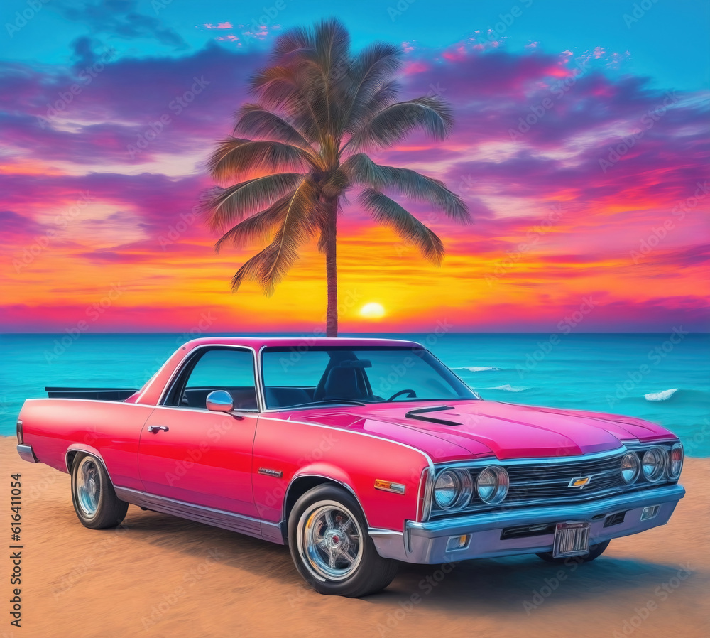 Retro car on the beach with palms  at sunset vintage design illustration, generative Ai.
